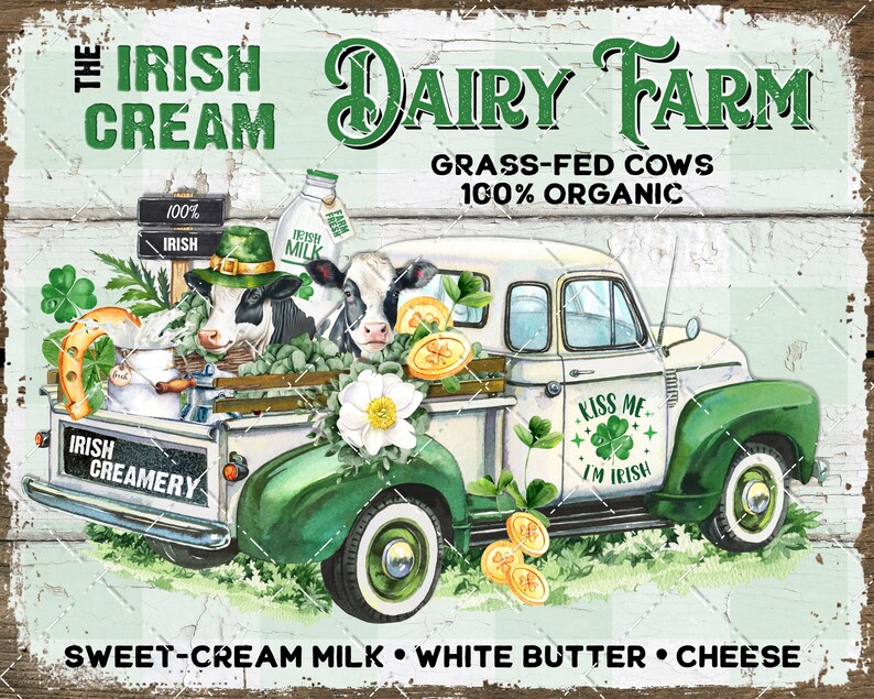 St. Patrick's Dairy Farm Green Truck Cows Milk Clover Irish Cream DIY Sign Making Fabric Transfer Tiered Tray Wall Decor Digital Home Decor image 3