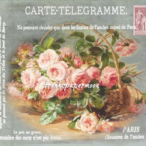 Shabby französischer Stil Rosenkorb, französisches Telegramm Ephemera, druckbare Carte Postale, Stofftransfer, digitale Grafik