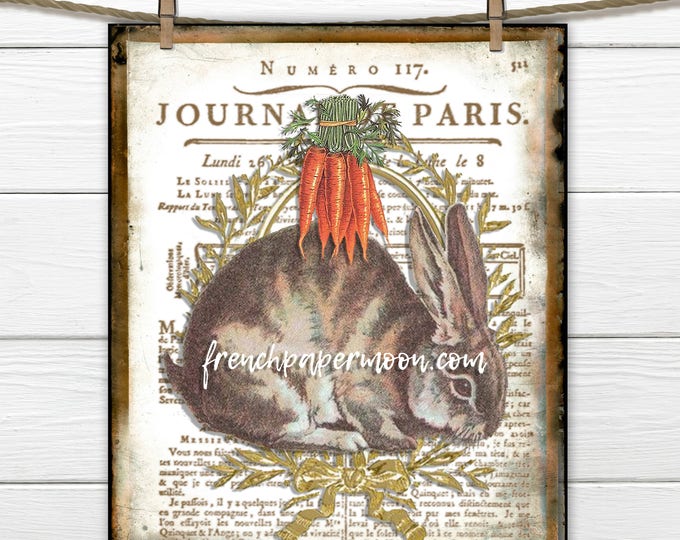 Vintage Bunny Rabbit Printable Digital, Farmhouse Bunny, French Script, Pillow Image, Fabric Transfer, Decoupage