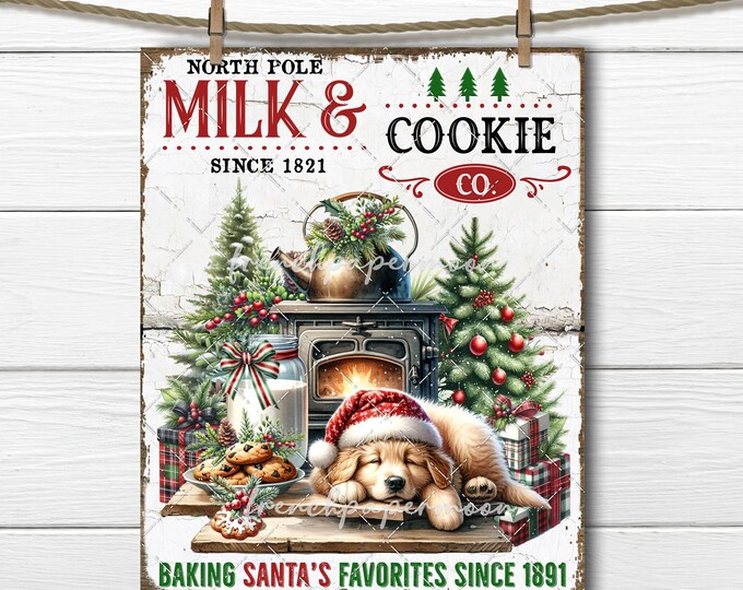 North Pole Milk and Cookies Christmas Puppy Cozy Xmas Crafts Fabric Transfer DIY Signs Tiered Tray Decor Decoupage Wreath Accent Sublimation