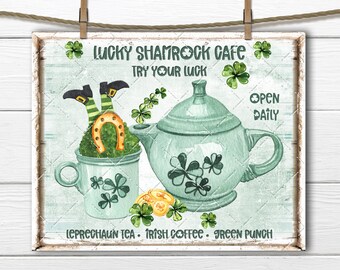 St. Patricks Day, DIY St. Patrick's Sign, Leprechaun, Clover, Shamrock,  Teapot, Pillow Image, Irish Wall Decor, Farmhouse, Wood, PNG