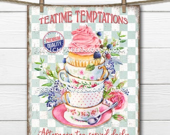 May include: A vintage-style sign with a checkered background and the text "Teatime Temptations". A stack of teacups and saucers is topped with a pink cupcake. The sign also says "Premium Quality" and "Afternoon tea served daily".