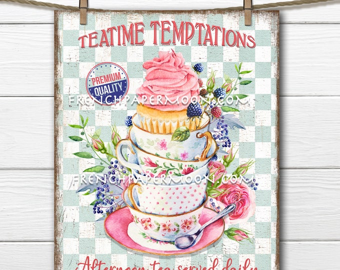 Afternoon Tea, Shabby Teatime, Digital, Teacups, Roses, Cupcake, DIY Tea Sign, Pillow Image, Fabric Transfer, Image Transfer, PNG, Wood