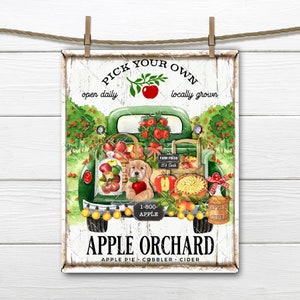 Apple Orchard Farmhouse Truck Apple Baskets Dog Cider Pie Cake, DIY Apple Sign, Fabric Transfer, Krans Accent, Digital Art Print, Decor PNG