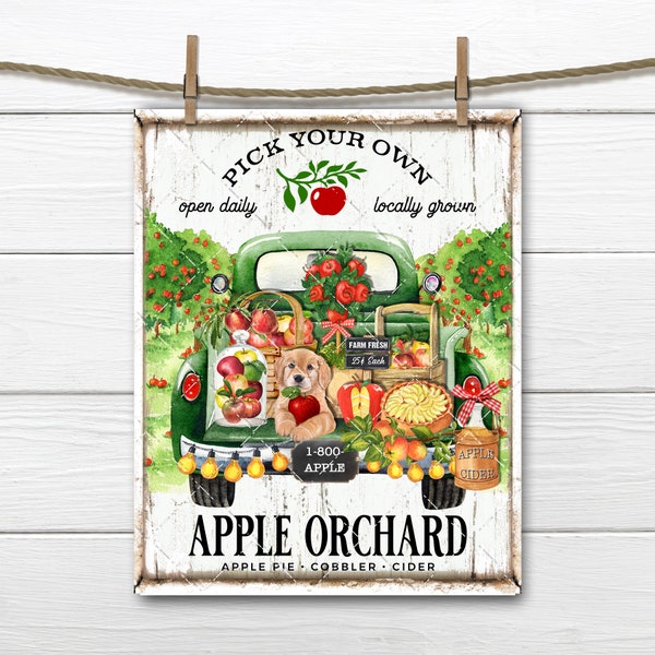 Apple Orchard Farmhouse Truck Apple Baskets Dog Cider Pie Cake, DIY Apple Sign, Fabric Transfer, Wreath Accent, Digital Art Print, Decor PNG