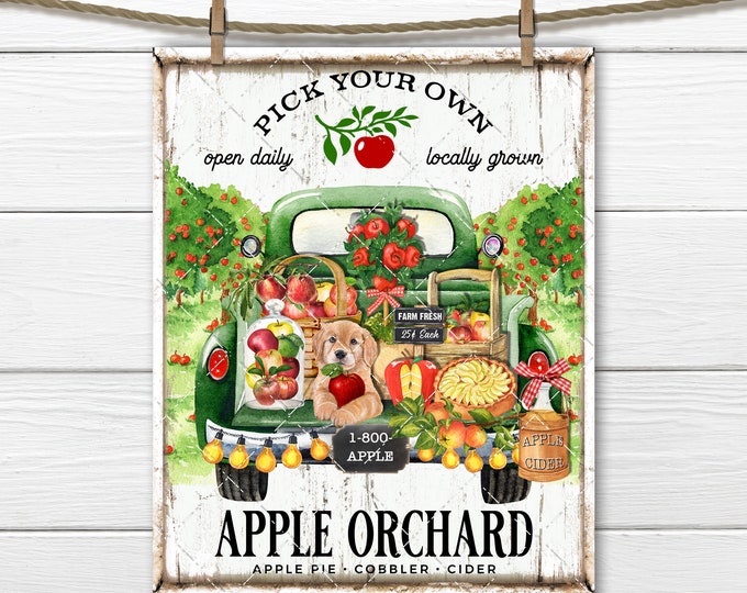 Apple Orchard Farmhouse Truck Apple Baskets Dog Cider Pie Cake, DIY Apple Sign, Fabric Transfer, Wreath Accent, Digital Art Print, Decor PNG