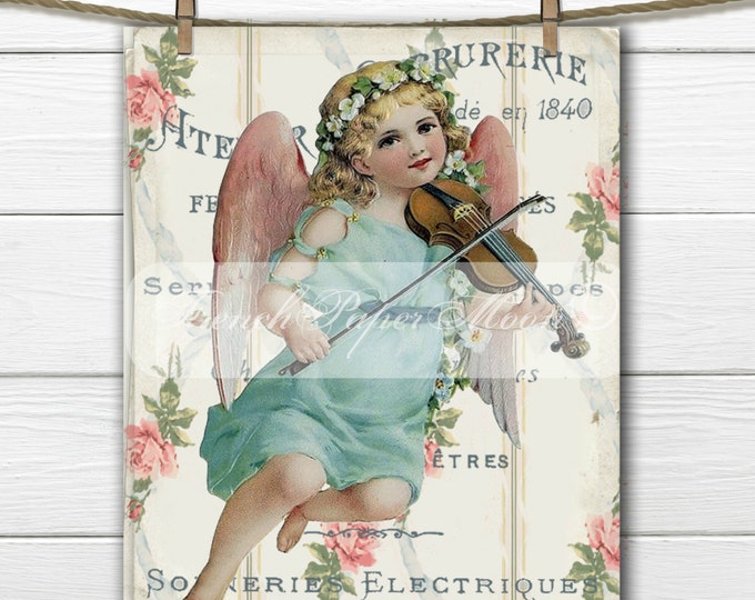 Vintage digital Angel Image, Cherub with Roses, Victorian Angel, French Typography, French Craft Image Transfer