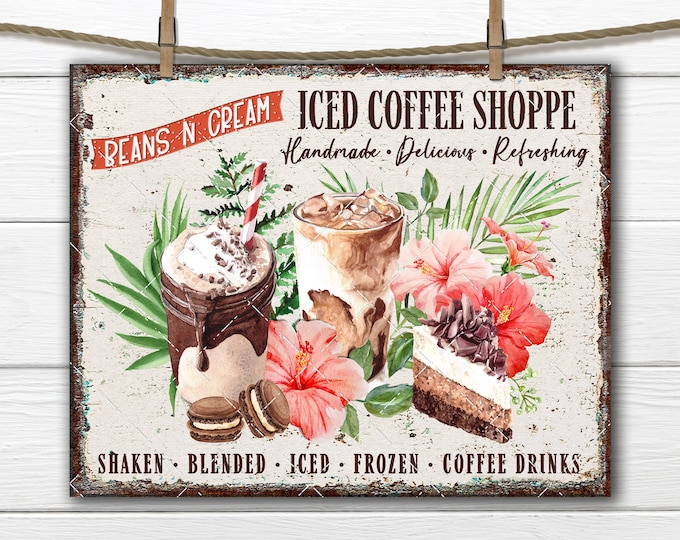 Summer Coffee Farmhouse DIY Sign, Ice Coffee Drinks, Tropical Flowers, Kitchen Decor, Fabric Transfer, Tiered Tray Decor, Wreath Accent PNG