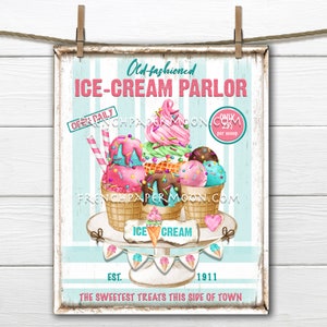 Retro Ice Cream Parlor, Ice Cream Sign, Ice Cream Party, Summer Dessert, Treats, Pillow Image, Sublimation, PNG, Wood, Fabric Transfer