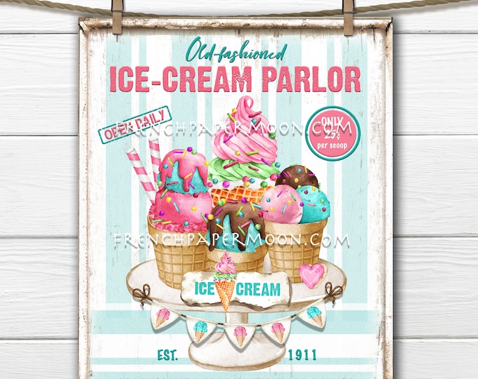 Retro Ice Cream Parlor, Ice Cream Sign, Ice Cream Party, Summer Dessert, Treats, Pillow Image, Sublimation, PNG, Wood, Fabric Transfer