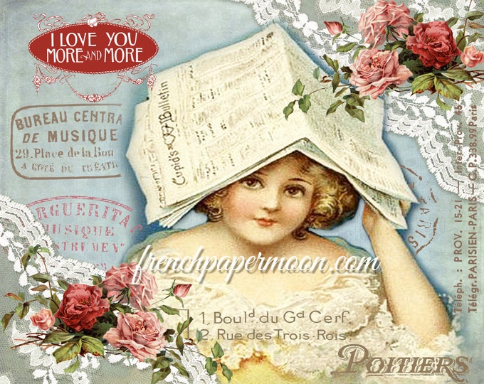 Adorable Victorian Valentine digital, Shabby Roses, French graphics, Cupid, Valentine Pillow Image, Large Size, Graphic Transfer, Crafts