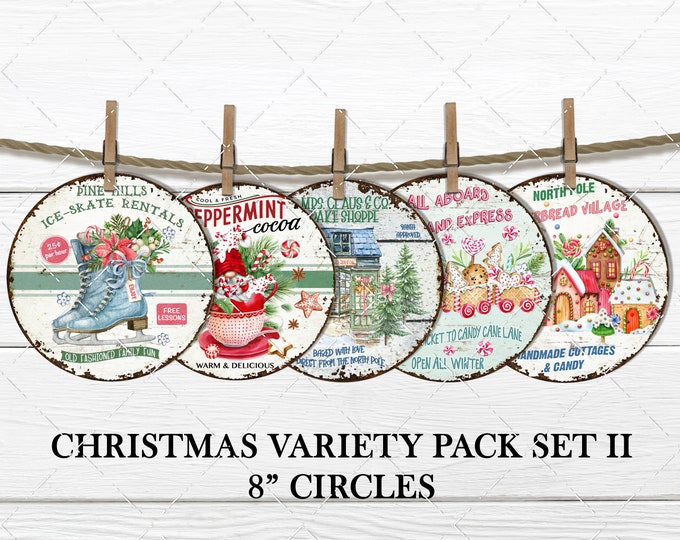 Christmas Circles, Sublimation Round Door Hanger Design, PNG, Gnomes, Gingerbread, Mrs Claus, Ice Skates, 8 inch, 5 designs, Wreath accent