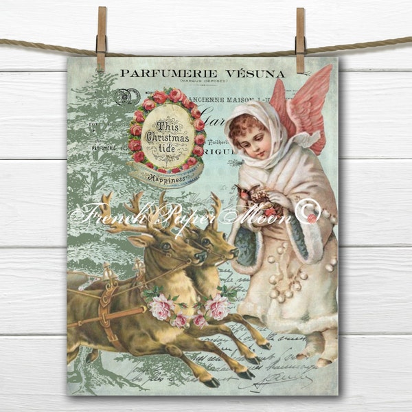 Adorable Vintage Christmas Angel and Reindeer, Digital, French Graphic Christmas Image, Instant Download