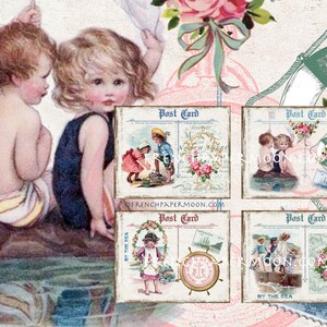Vintage Seaside Digital Download, Kinder am Meer Mini Postkarten, Illustrationen Geschichten, digitale Collage Blatt, Set von 4 Karten
