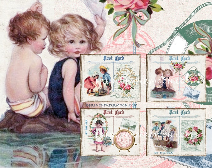 Vintage Seaside Digital Download,  Children at the Sea mini Postcards, Illustrations stories, digital collage sheet, set of 4 cards