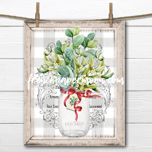 Christmas Greenery Bouquet, Mason Jar, Winter Greens, Mistletoe, Eucalyptus, Pillow Image, DIY Xmas Sign, Plaque, French Country, PNG