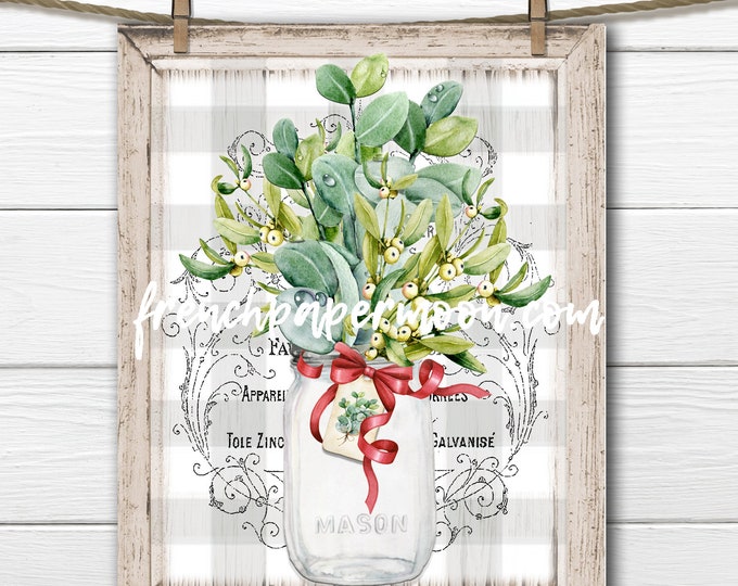 Christmas Greenery Bouquet, Mason Jar, Winter Greens, Mistletoe, Eucalyptus, Pillow Image, DIY Xmas Sign, Plaque, French Country, PNG