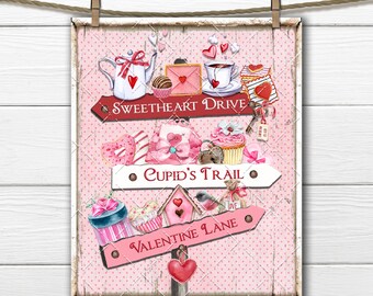 Valentine Signpost Print, Cupid's Trail, Sweetheart Lane (Digital Print)
