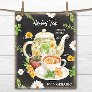 Té de hierbas de pizarra, digital, tetera, taza de té, hierbas de verano, cocina imprimible, signo de té de hierbas de bricolaje, transferencia de tela, transferencia de imágenes, PNG