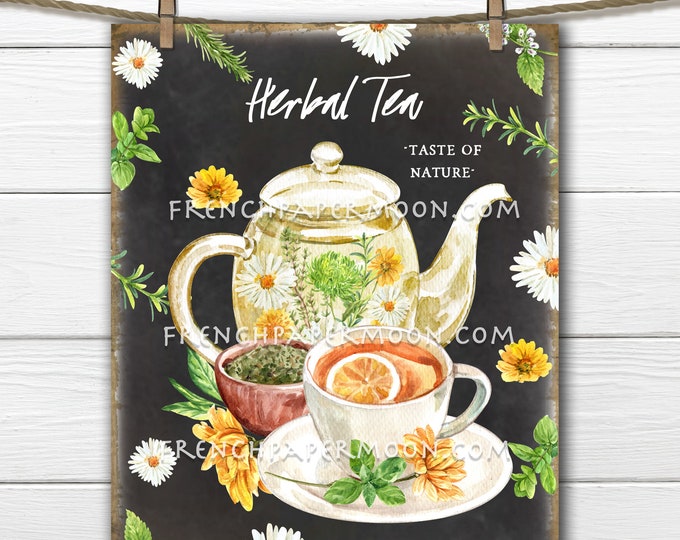 Chalkboard Herbal Tea, Digital, Teapot, Teacup, Summer Herbs, Kitchen Printable, DIY Herb Tea Sign, Fabric Transfer, Image Transfer, PNG