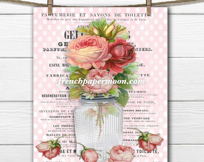 Vintage Digital Rose Bouquet French Graphics Pillow Image Graphic Transfer Craft Supply Vase of Flowers