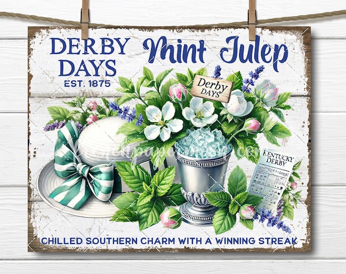Kentucky Derby Mint Julep Sign Digital PNG | Betting Slip & Fascinator Hat Transfer for DIY Wreath, Tiered Tray Decor Sublimation
