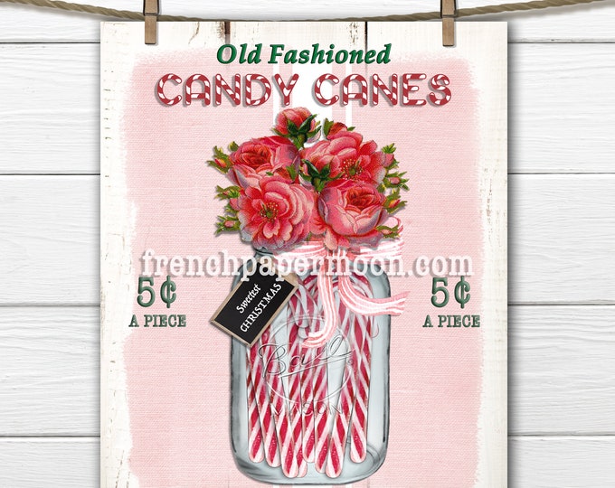 Candy Cane, Old Fashioned, Hand Rolled, Christmas Candy, Pink Xmas Printable, Roses, Pillow Image, Crafts, Christmas Print, Decor, Sign