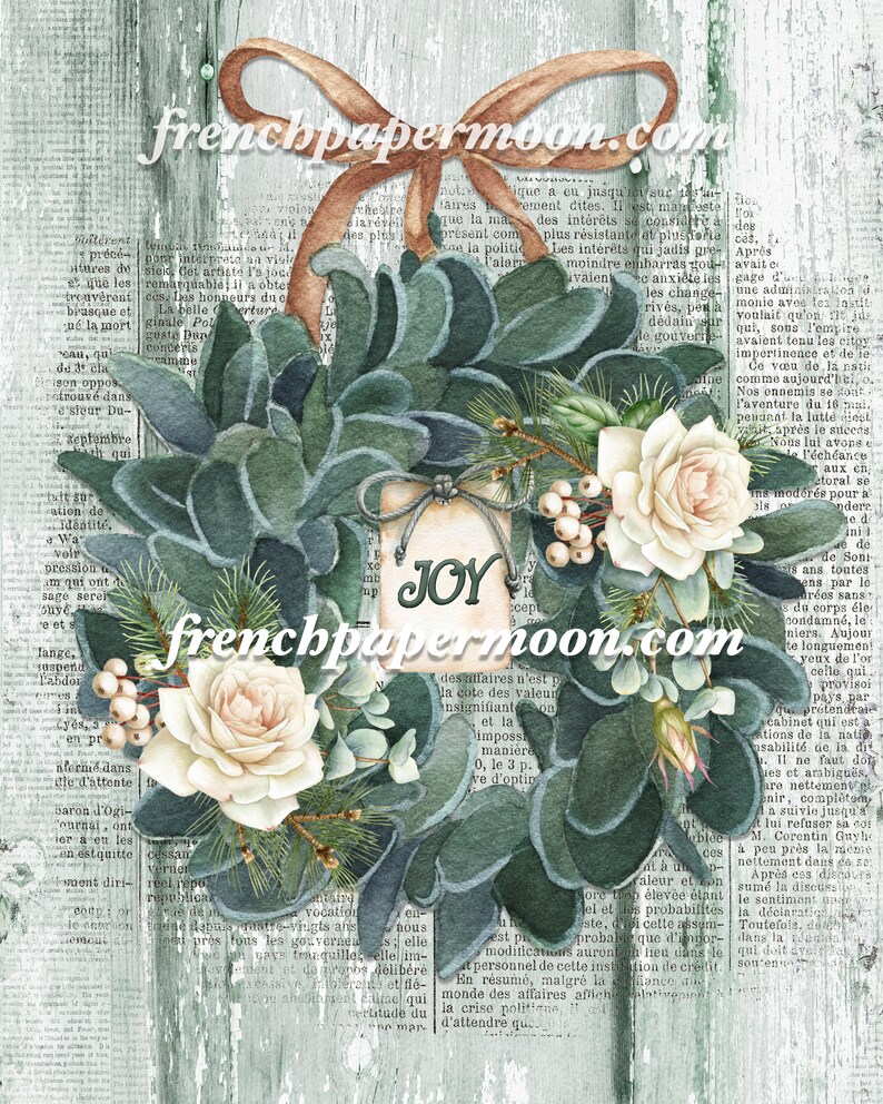 Shabby Christmas, akvarell lammöra, rosenkrans, gammaldags jultryck, DIY-julpynt, stor bild, tygöverföring, transparent bild 3