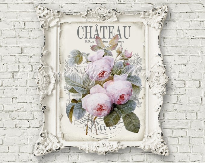 Shabby French Chateau Digital Image, Antique Roses, Neutral Colors, French Rose Pillow Image Graphic, Large Download