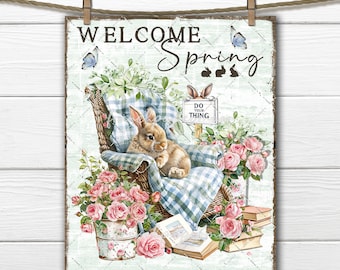 Welcome Spring Rose Garden Bunny DIY Sign DTF Transfer Digital Print Sublimation Tiered Tray Decor PNG Wreath Accent Home Decor Gift Idea