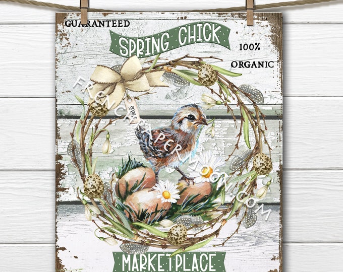 Rustic Spring Chick, Spring Market Digital, Easter Wreath, DIY Spring Sign, Farmhouse, Fabric Transfer, Wreath Decor, Spring Printable, PNG