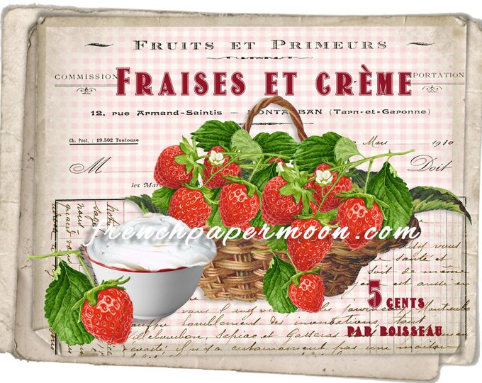 Printable Shabby French Strawberries and Cream Digital Kitchen Print Pillow Transfer Large Size Graphic Transfer