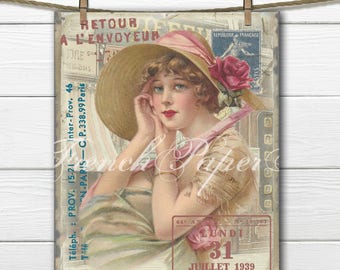 Vintage Shabby Chic Parisian Lady, Vintage Paris Collage Sheet, Passport Stamps, Streets of Paris, French Cushion Image, Fabric Transfer