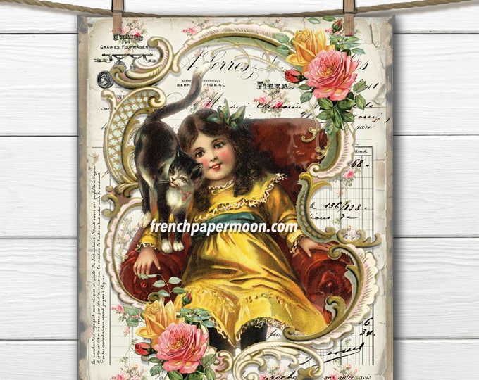 Shabby Victorian Girl with Cat Digital, Adorable Vintage Girl, Roses, French Graphics, Fabric Transfer, Large image, Instant Download