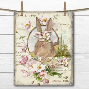 Vintage Shabby French Bunny Printable Vintage Easter Bunny Flowers Large Image Graphic Transfer French Pillow Image