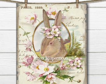 May include: A vintage illustration of a brown rabbit wearing a pink flower crown. The rabbit is surrounded by pink flowers and green leaves. The image has text that reads "PARIS, 1889."