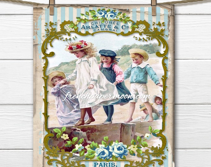 Seaside Graphic, Vintage Shabby French Printable Victorian Children, Instant Download, Iron on Fabric. Image Transfer