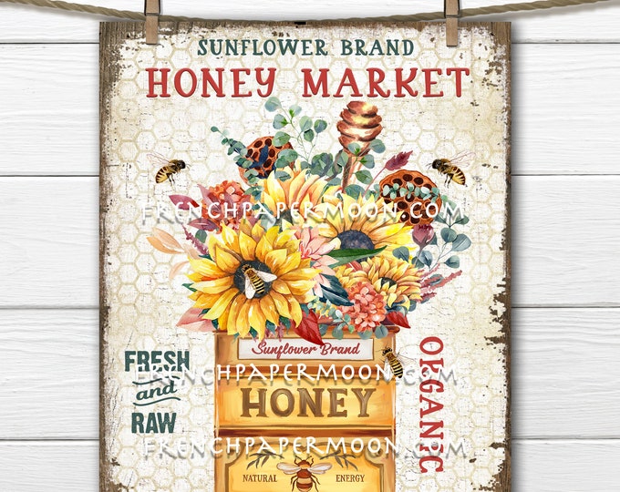 Rustic Farmhouse Honey Fall Sunflowers Bees Market Digital DIY Sign Making Sublimation Image Transfer Wreath Accent Tiered Tray Home Decor