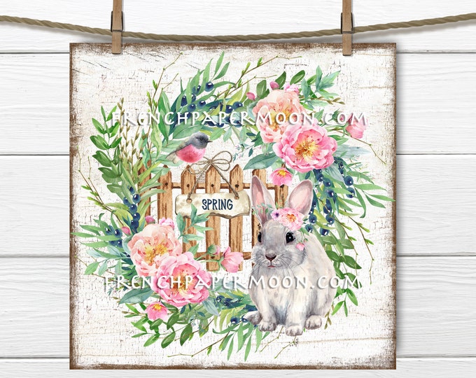 Spring Floral Wreath, Rose Floral Wreath, Spring Bunny, Shabby Bunny, Wreath Decor, Pillow Image, DIY Spring Sign, 4x4, 8x8, PNG, Wood