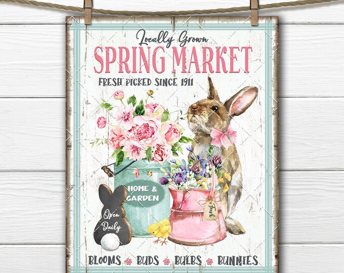 Spring Flower Market DIY Sign, Bunny, Rabbit, Fresh Flowers, Pastel, Cute Farmhouse, Fabric Transfer, Tiered Tray Decor, Wreath Accent, PNG