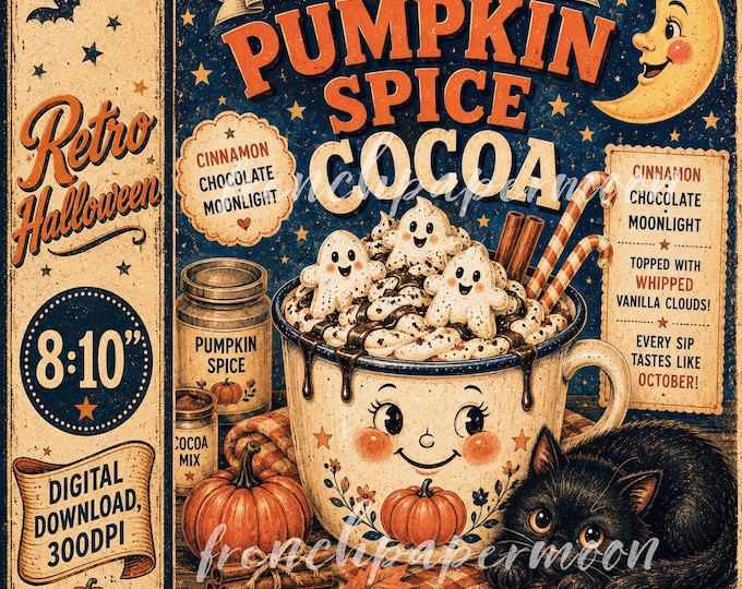 Retro Halloween Pumpkin Spice Printable,  Cozy Fall Kitchen Decor, DIY Sign, Digital Wall Art