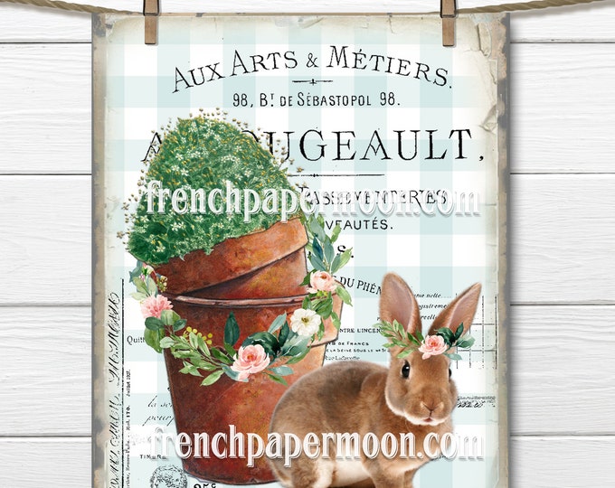 Vintage Easter Bunny Floral Graphic, Flower Pots, French Ephemera, Rose Wreath, Plaid, Sublimation, Pillow Image, Spring Crafts