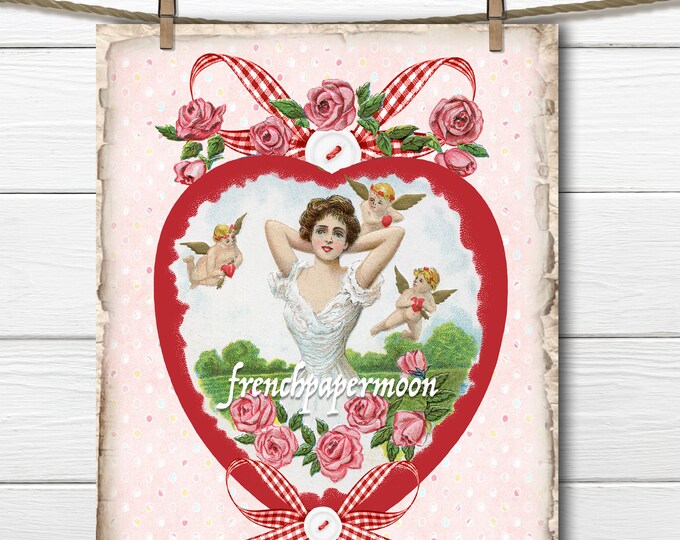 Vintage Valentine Printable, Valentine Heart, Victorian Lady, Cherubs, Hearts, Valentine Pillow Image, Sublimation, Decoupage