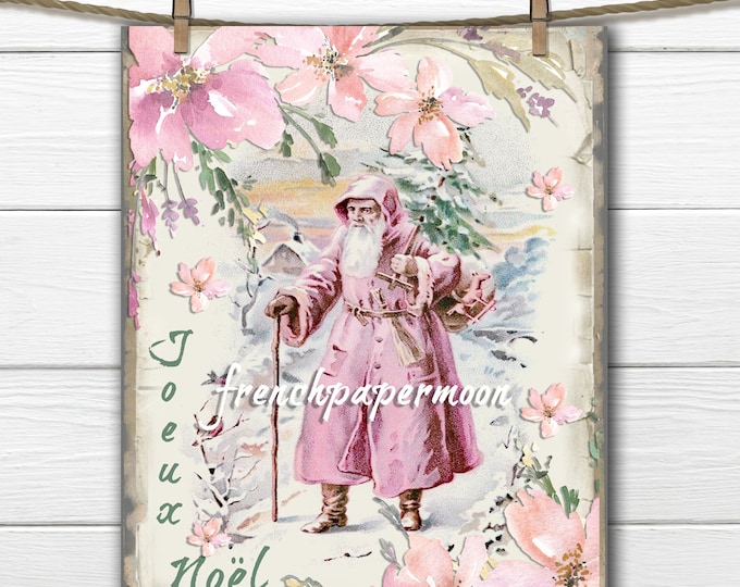 Shabby Pink Santa Printable, Pink Christmas Graphic, Watercolor Flowers, Instant Download, Pillow Image, Crafts, JPEG