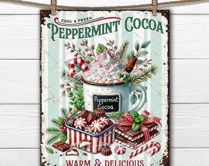 Old Fashioned Retro Peppermint Hot Cocoa, DIY Xmas Sign, Christmas Cookies, Winter Drinks, DIY Xmas Sign, Pillow Image, PNG, Cocoa Bar Decor