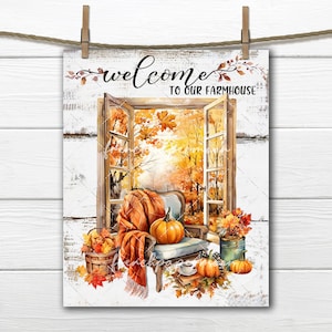 Fall Farmhouse Welcome Cozy Autumn Window Leaves Pumpkin Blanket DIY Sign Making Fabric Transfer Digital Print Home Decor Sign Wreath Accent