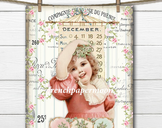 Victorian December Calendar Girl, Shabby Christmas, Mistletoe, Xmas Digital Graphic, Fabric Transfer, Christmas Crafts
