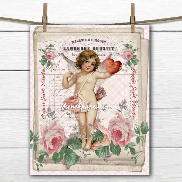 Shabby Victorian Cupid Digital, Cupid, Vintage Roses, French Graphic, Valentine Pillow Image, Large Image Graphic Transfer