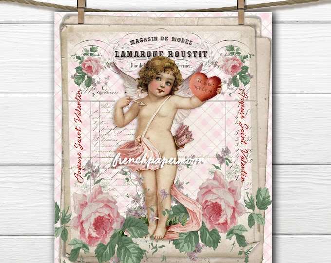 Shabby Victorian Cupid Digital, Cupid, Vintage Roses, French Graphic, Valentine Pillow Image, Large Image Graphic Transfer