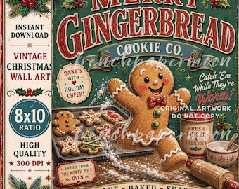 Old Fashioned Gingerbread Bakery Christmas Printable, Wall Art, Digital Download, 8x10 Holiday Sign